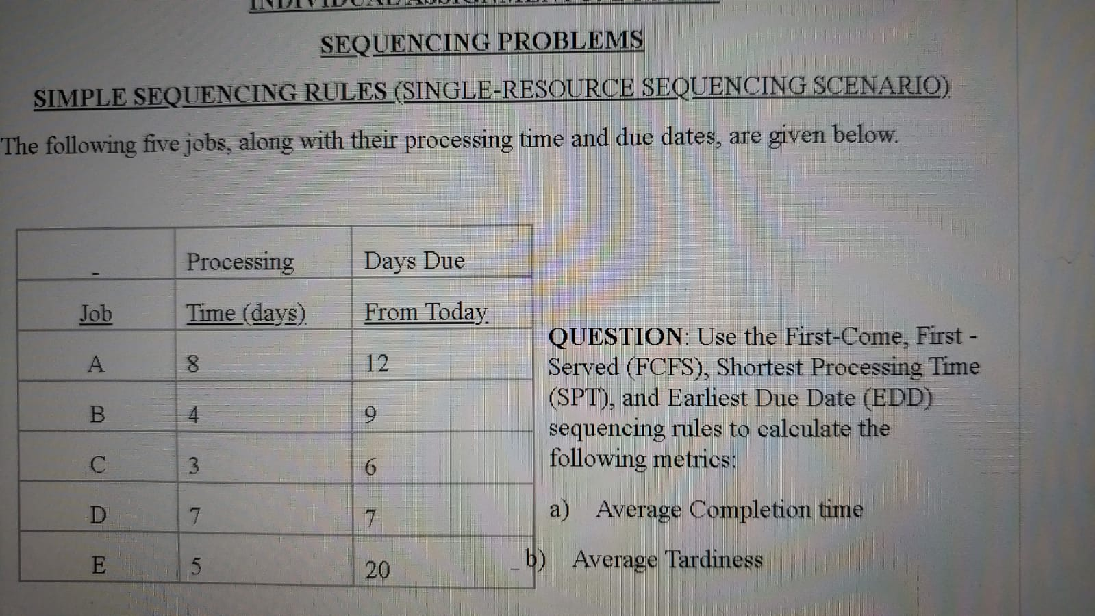 processing time days INDIVIDUAL ASSIGNMENT 3: BUS