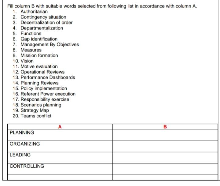 Subject Principles of management Fill column B
