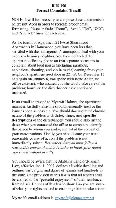 BUS 350 Formal Complaint (Email) NOTE: It will be