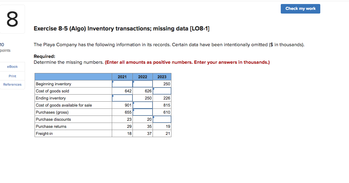 Exercise 8-5 (Algo) Inventory transactions;