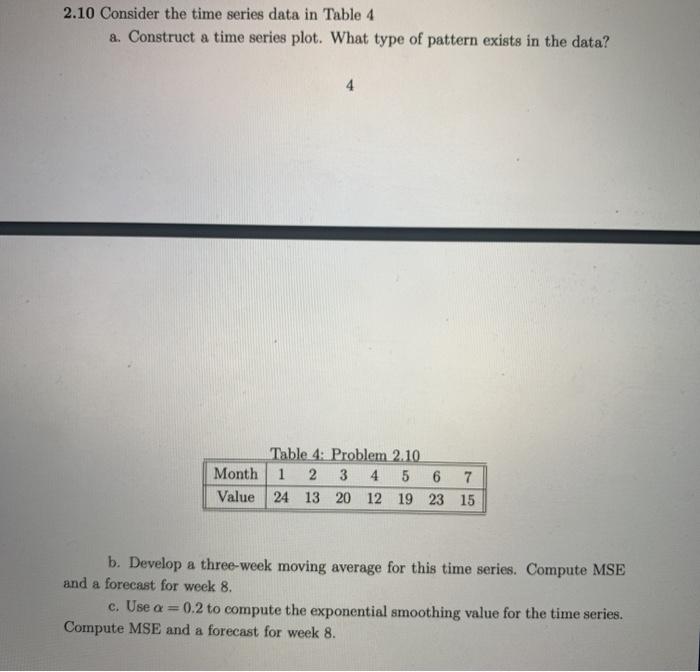 2.10 Consider the time series data in Table 4 a.