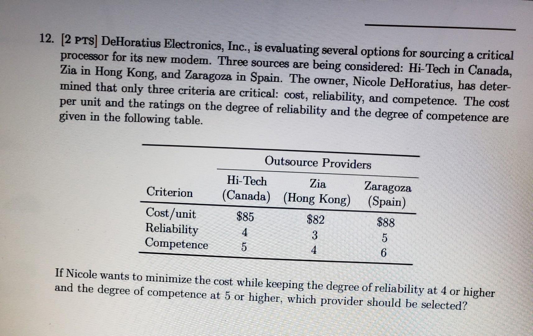 12. [2 PTS] DeHoratius Electronics, Inc., is