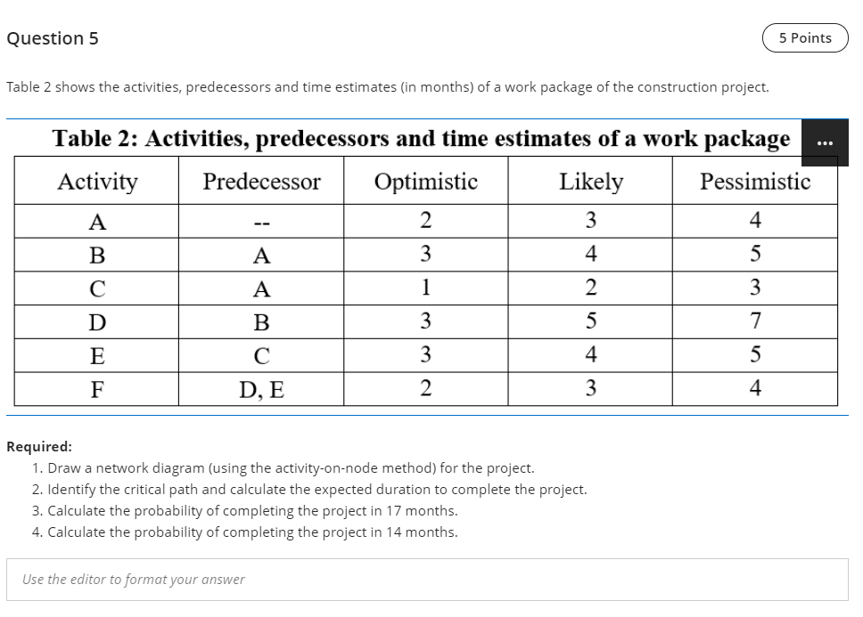 Question 5 5 Points Table 2 shows the activities,
