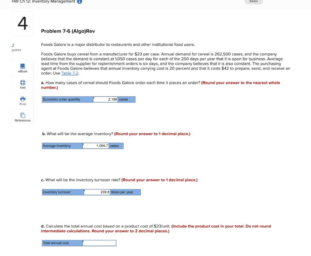 HW Ch 12: Inventory Management i Saved 4 Problem