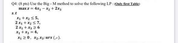 Q4: (8 pts) Use the Big - M method to solve the
