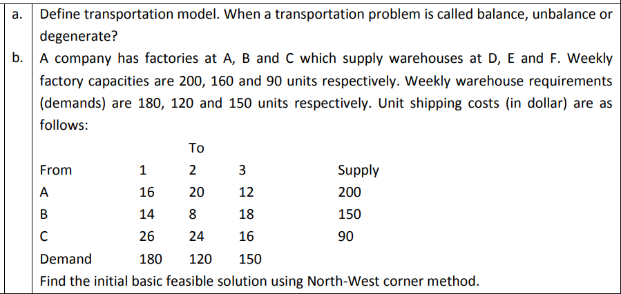 (Hand written Please) a. Define transportation
