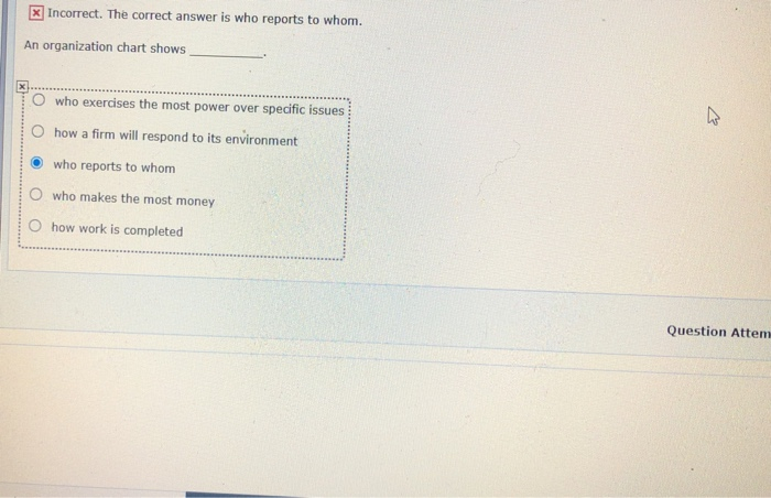 x Incorrect. The correct answer is who reports to