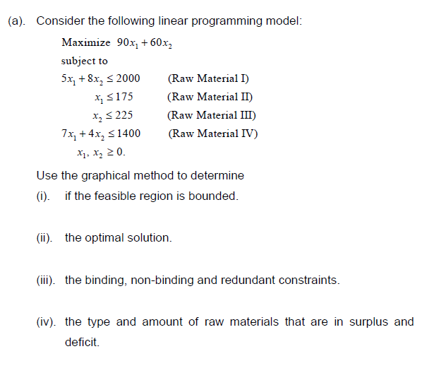 (a). Consider the following linear programming