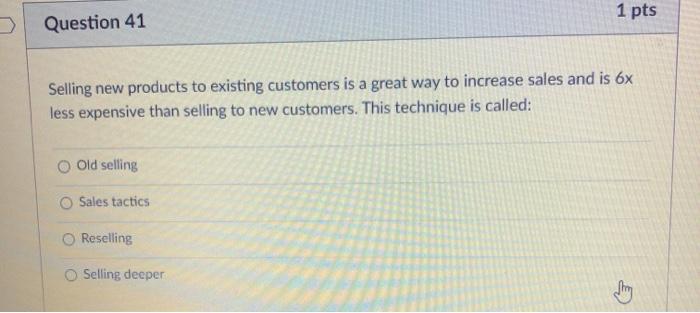 1 pts Question 41 Selling new products to
