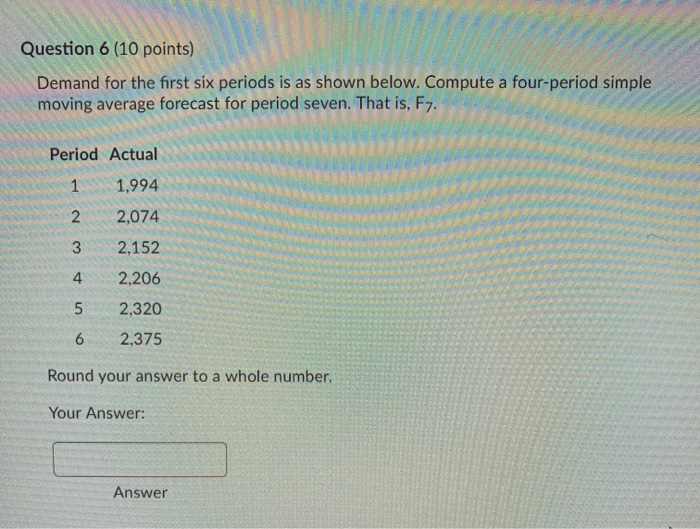Question 6 (10 points) Demand for the first six