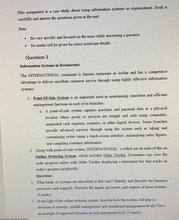 Question 1 Information Systems in Restaurants The