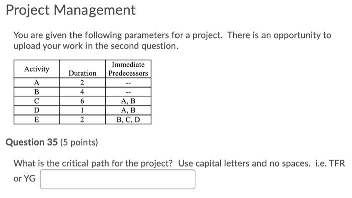 Project Management You are given the following