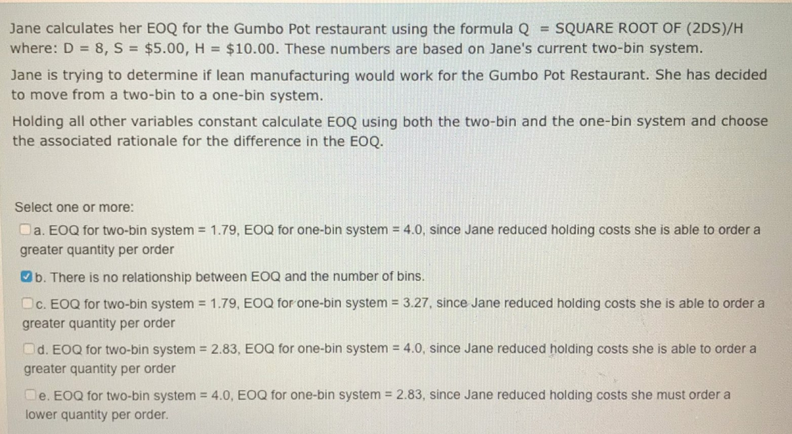 Jane calculates her EOQ for the Gumbo Pot