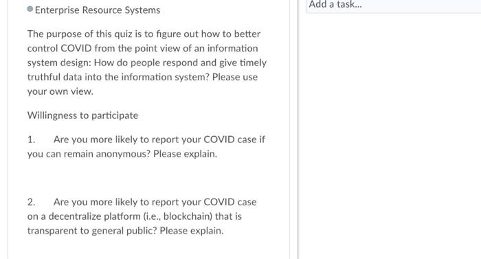 Add a task... Enterprise Resource Systems The
