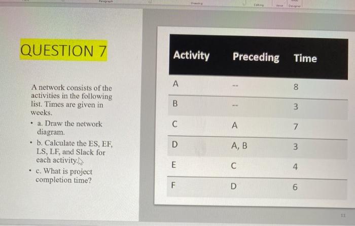 QUESTION 7 Activity Preceding Time A 8 B 3 A 7 A