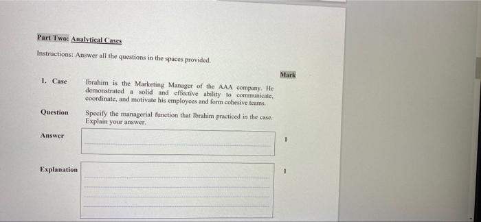 Part Two: Analytical Cases Instructions: Answer