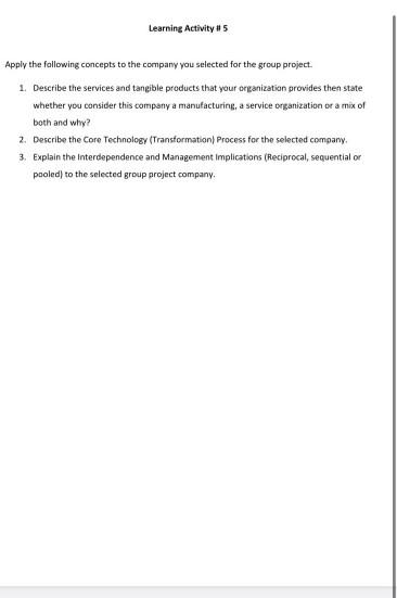 Learning Activity Apply the following concepts to