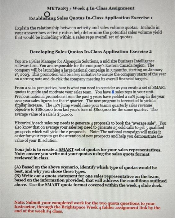 sales management MKT2283 / Week 4 In-Class