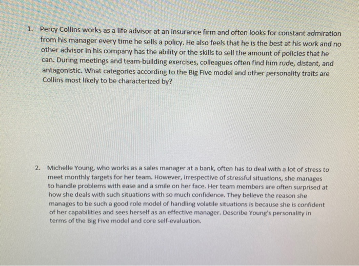 Q1 and 2 1. Percy Collins works as a life advisor
