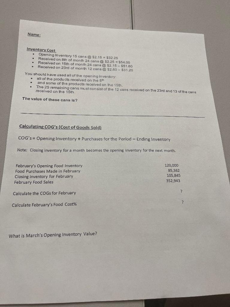 Name: Inventory Cost Opening Inventory 15 cans @