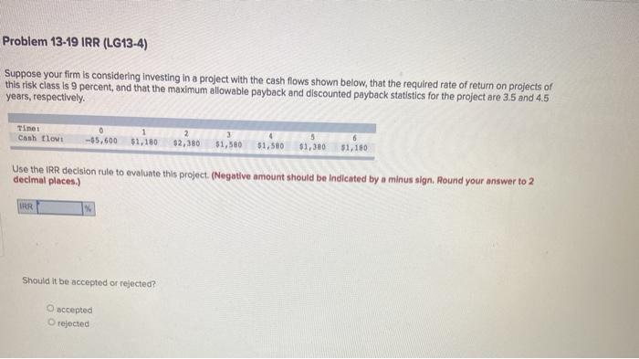 Problem 13-19 IRR (LG13-4) Suppose your firm is