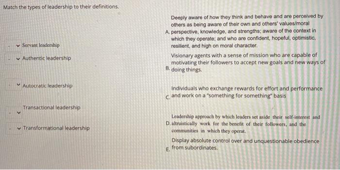 Match the types of leadership to their