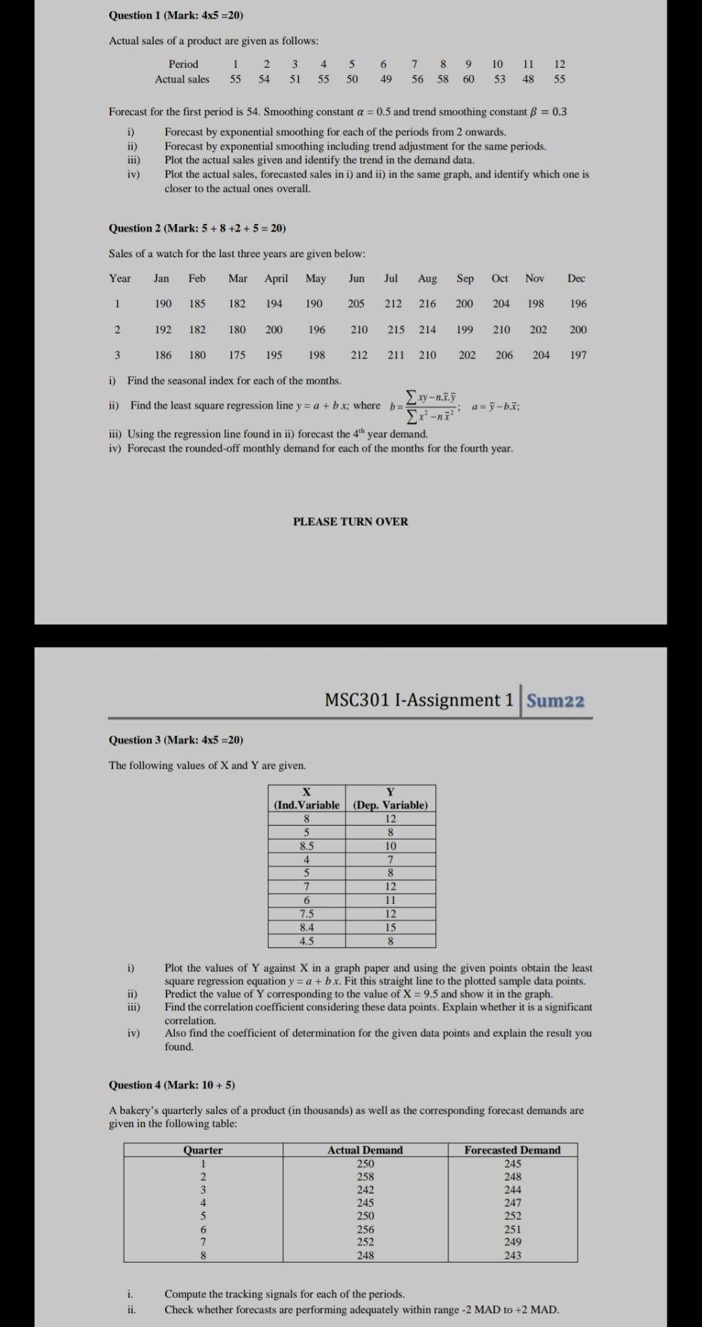 Question 1 (Mark: 4x5=20) Actual sales of a
