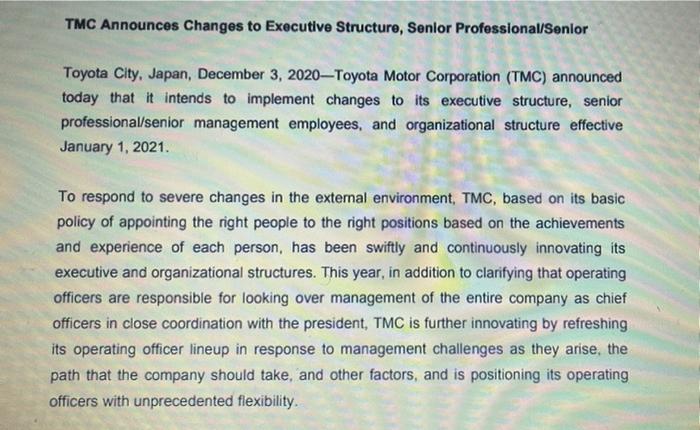 TMC Announces Changes to Executive Structure,
