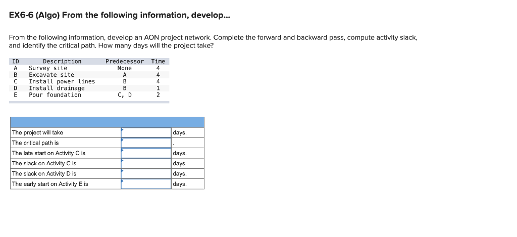 EX6-6 (Algo) From the following information,