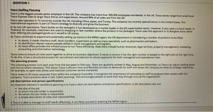 QUESTION 1 Tesco Staffing Planning Tesco is the