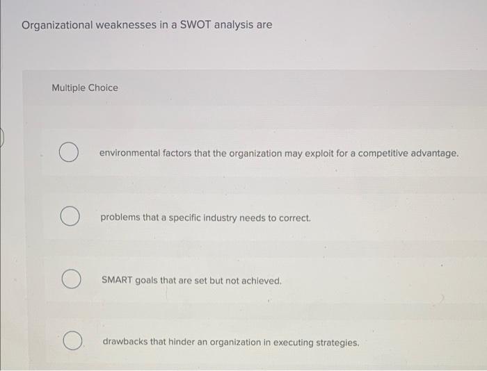 Organizational weaknesses in a SWOT analysis are