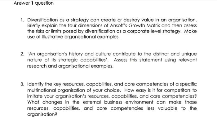 Answer 1 question 1. Diversification as a