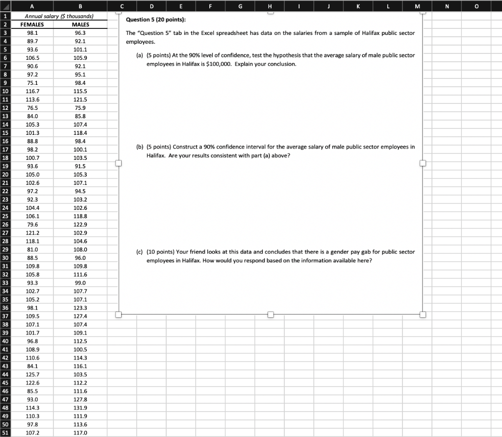 A B D E F G H J M N 0 Question 5 (20 points): 1 2