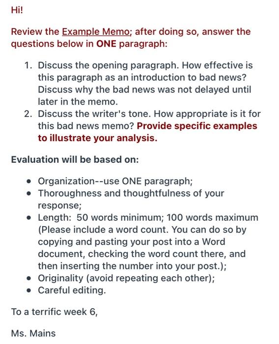 Hi! Review the Example Memo; after doing so,