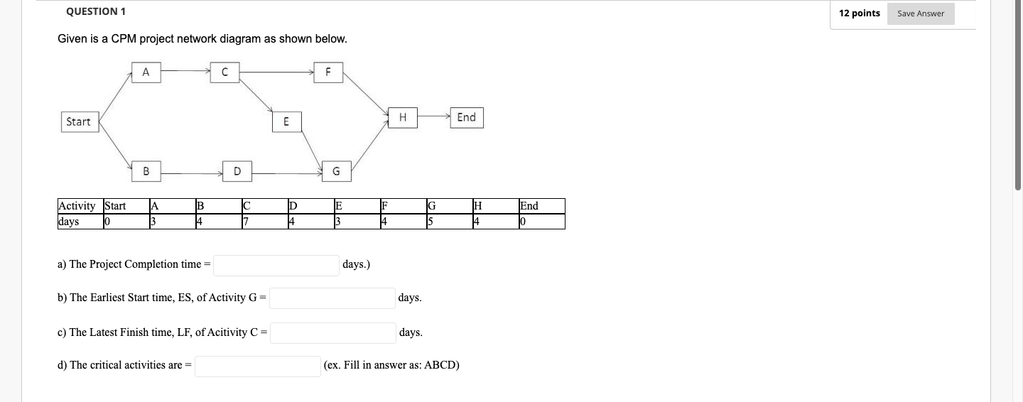 QUESTION 1 12 points Save Answer Given is a CPM