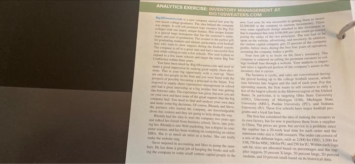 The ANALYTICS EXERCISE: INVENTORY MANAGEMENT AT