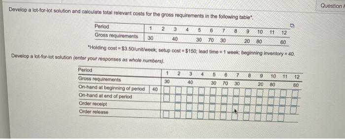 Question Develop a lot-for-lot solution and