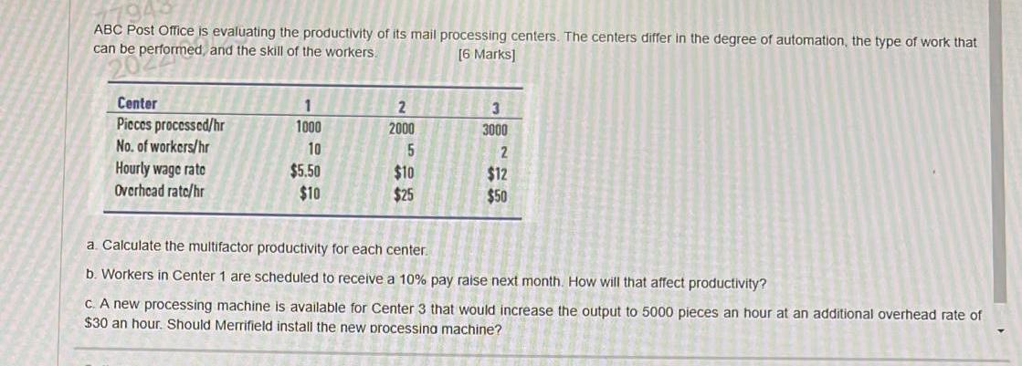 ABC Post Office is evaluating the productivity of