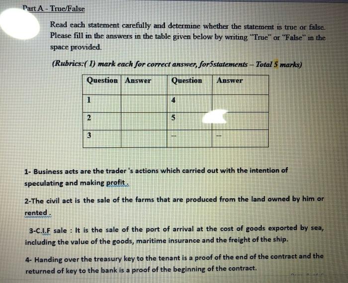 True or False Part A - True/False Read each