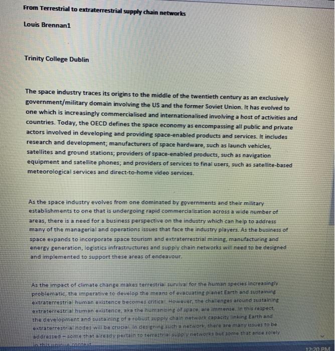 From Terrestrial to extraterrestrial supply chain