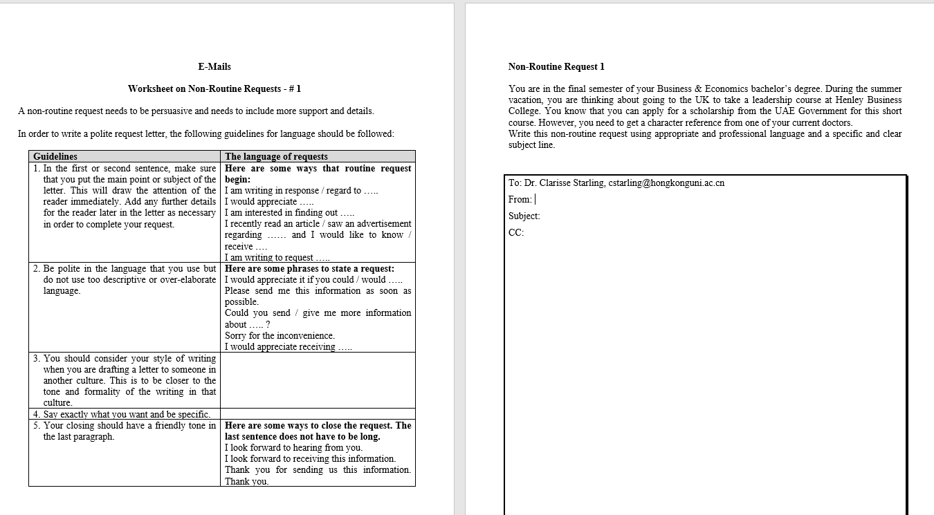 E-Mails Non-Routine Request 1 Worksheet on