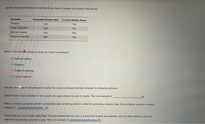 Use this table and the Boston Consulting Group
