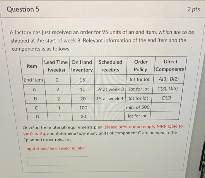 A factory has just received an order for 95 units