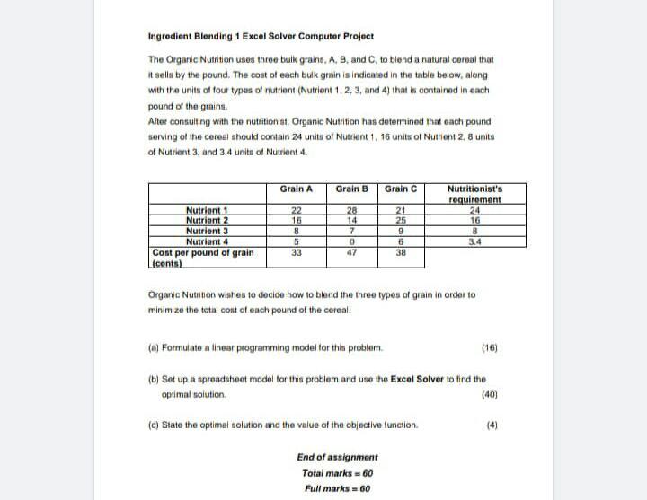 Ingredient Blending 1 Excel Solver Computer