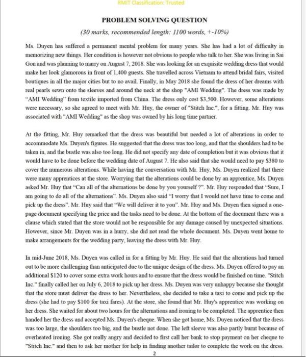 PROBLEM SOLVING QUESTION (30 marks, recommended