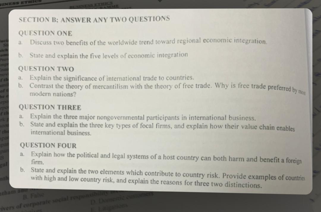 SINESS ETHICS SECTION B; ANSWER ANY TWO QUESTIONS