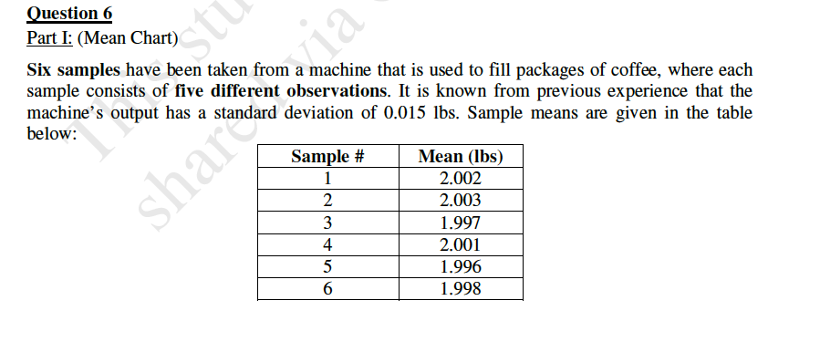 St Question 6 Part I: (Mean Chart) Six samples
