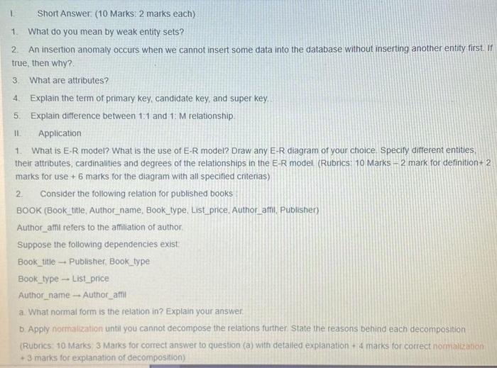 I. Short Answer. (10 Marks: 2 marks each) 1. What