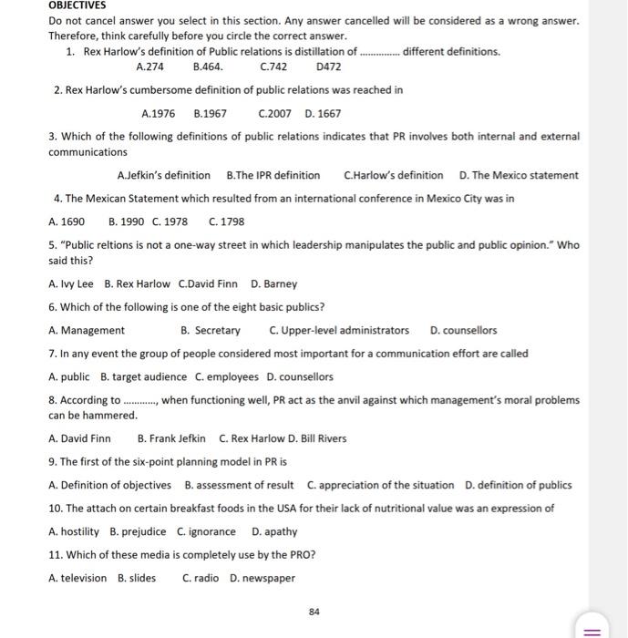 OBJECTIVES Do not cancel answer you select in