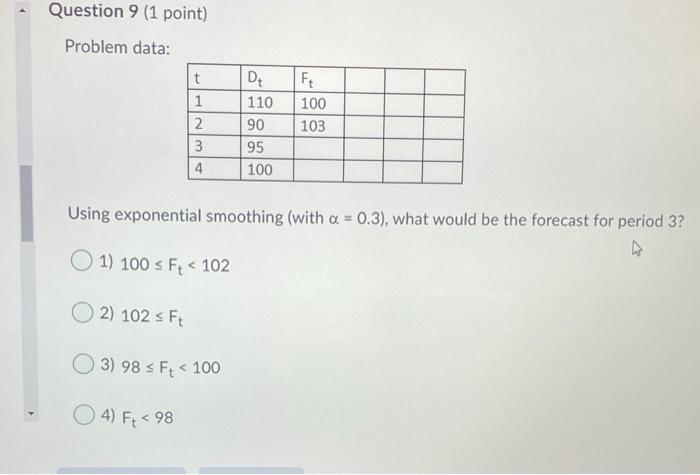 Question 9 (1 point) Problem data: t 1 2 D+ 110